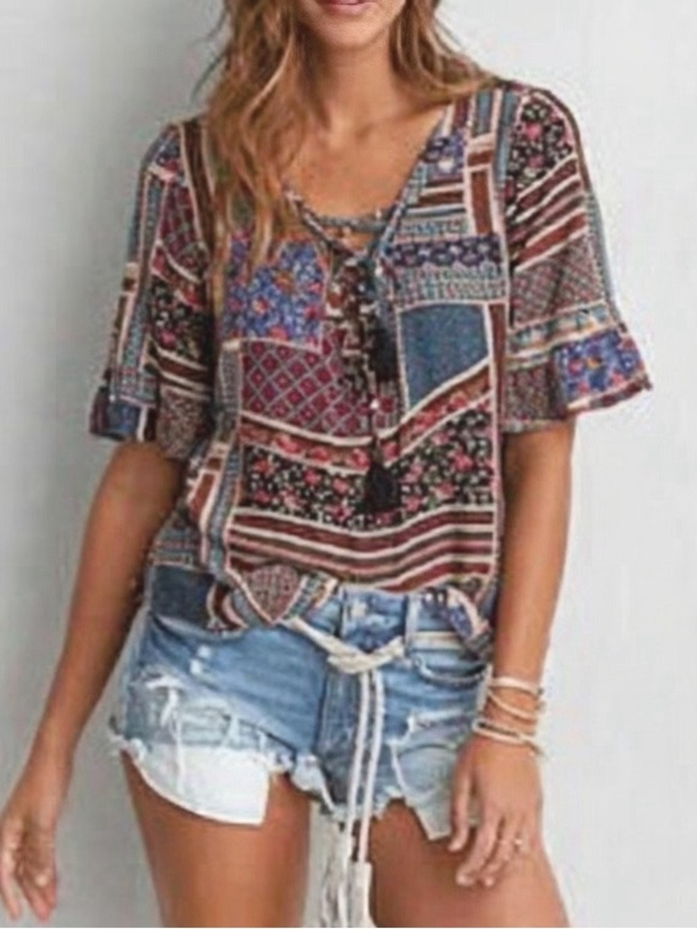 AMERICAN EAGLE OUTFITTERS Multi-Colored Patchwork Bell Sleeve Blouse--EUC--S